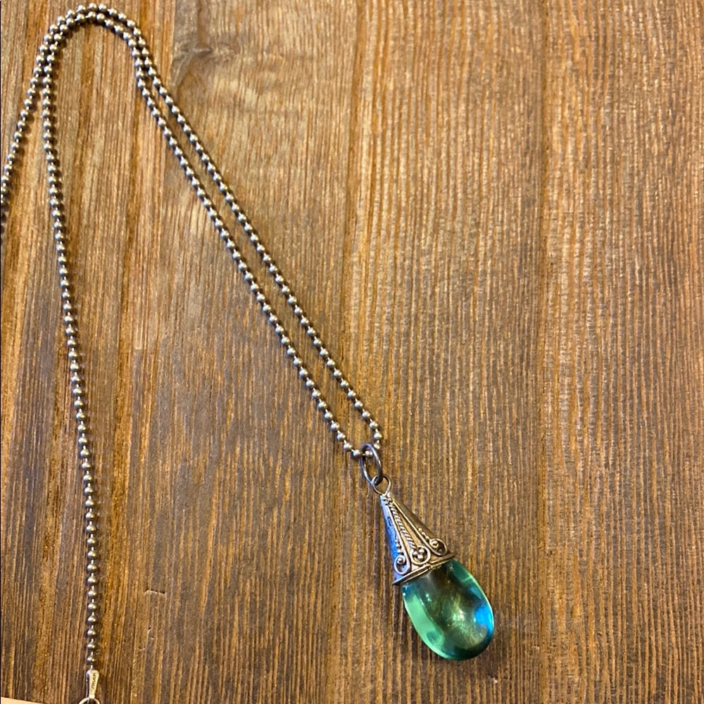 Italian Sterling Ball Chain Necklace Sterling Green Glass Teardrop Pendant